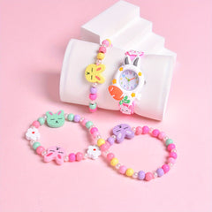 3D Rabbit Silicone Strap Girls' Cartoon Watch Set