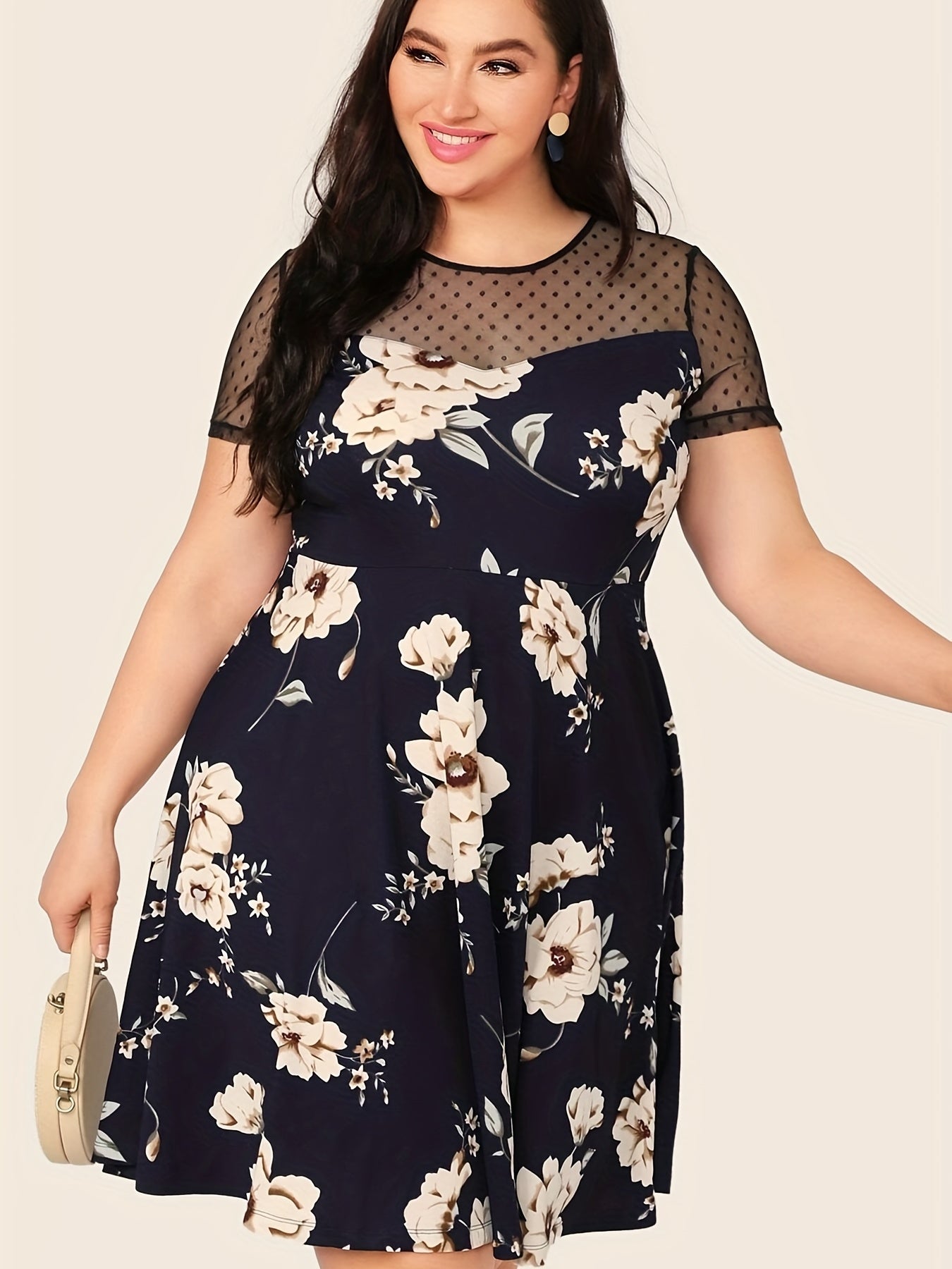 Floral Print Mesh Dress Plus Size Semi Sheer Contrast Casual Dress