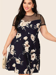Floral Print Mesh Dress Plus Size Semi Sheer Contrast Casual Dress