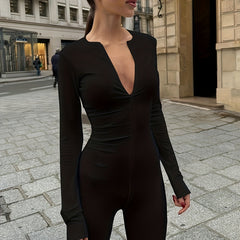 Long Sleeve V neck Yoga Jumpsuit Solid Sports Bodysuit For Women