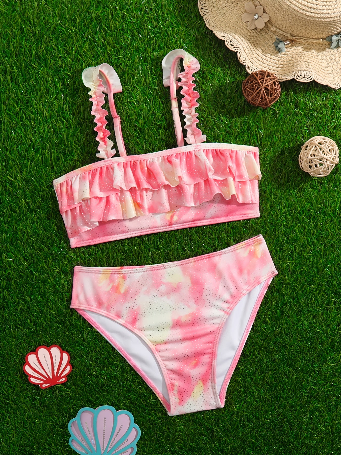 Girl's Tie Dye Bikini Set Ruffle Decor Sequin Cami Top & Briefs