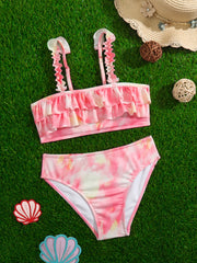 Girl's Tie Dye Bikini Set Ruffle Decor Sequin Cami Top & Briefs