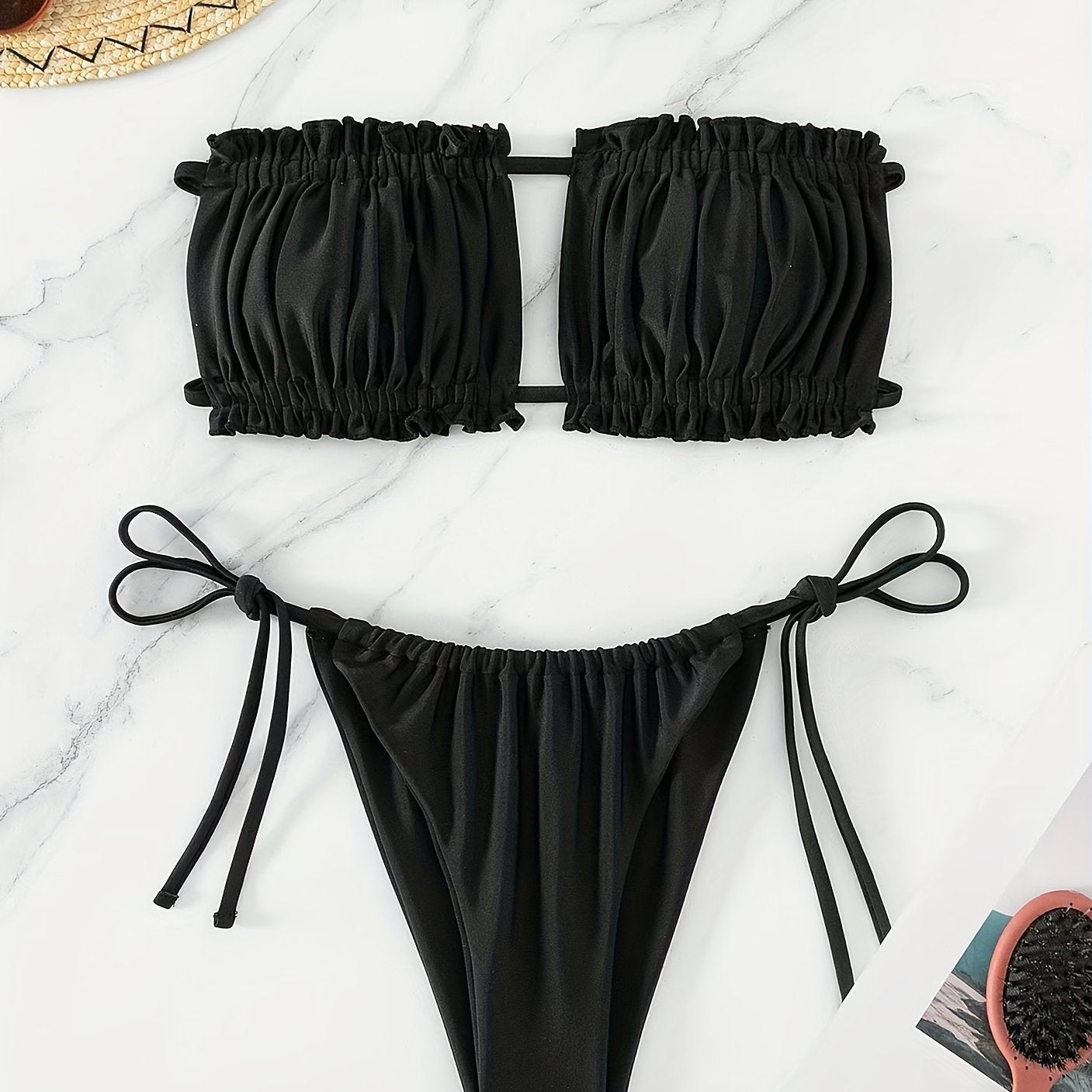 Ruched Bra Top Bandeau Tie Side High Cut Bikini Swimsuit