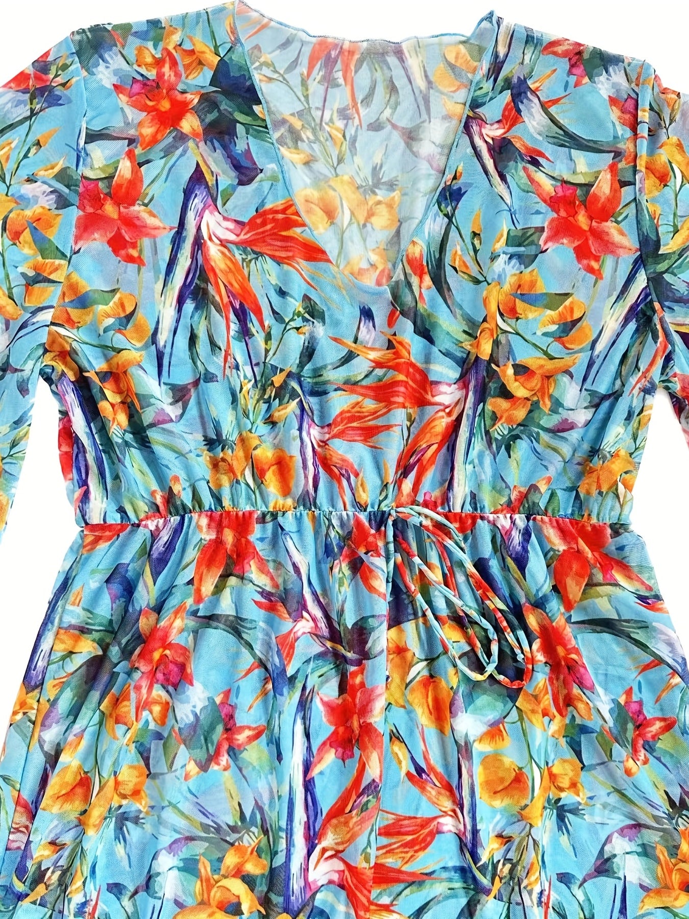 Tropical Print Cover Up Drawstring V Neck