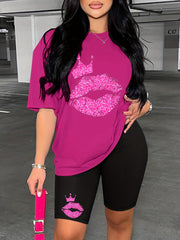Lips & Crown Print Two Piece Set Casual Short Sleeve T shirt & Biker Shorts