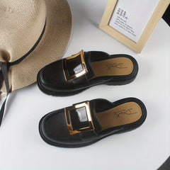 Women's Square Buckle Mules Patent Leather Slides