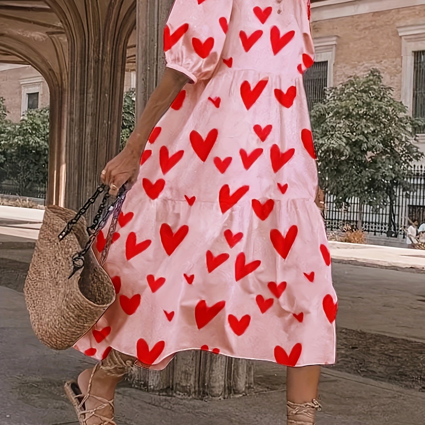 Heart Print Puff Sleeve Dress Crew Neck Casual Tiered Dress