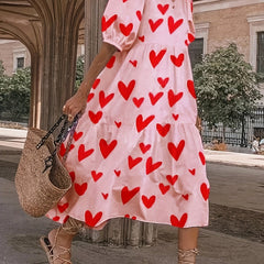 Heart Print Puff Sleeve Dress Crew Neck Casual Tiered Dress