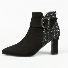 Women's Tweed High Heel Ankle Boots with Buckle Strap