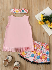 Girls Tassel Tank Top & Striped Leaves Shorts Set