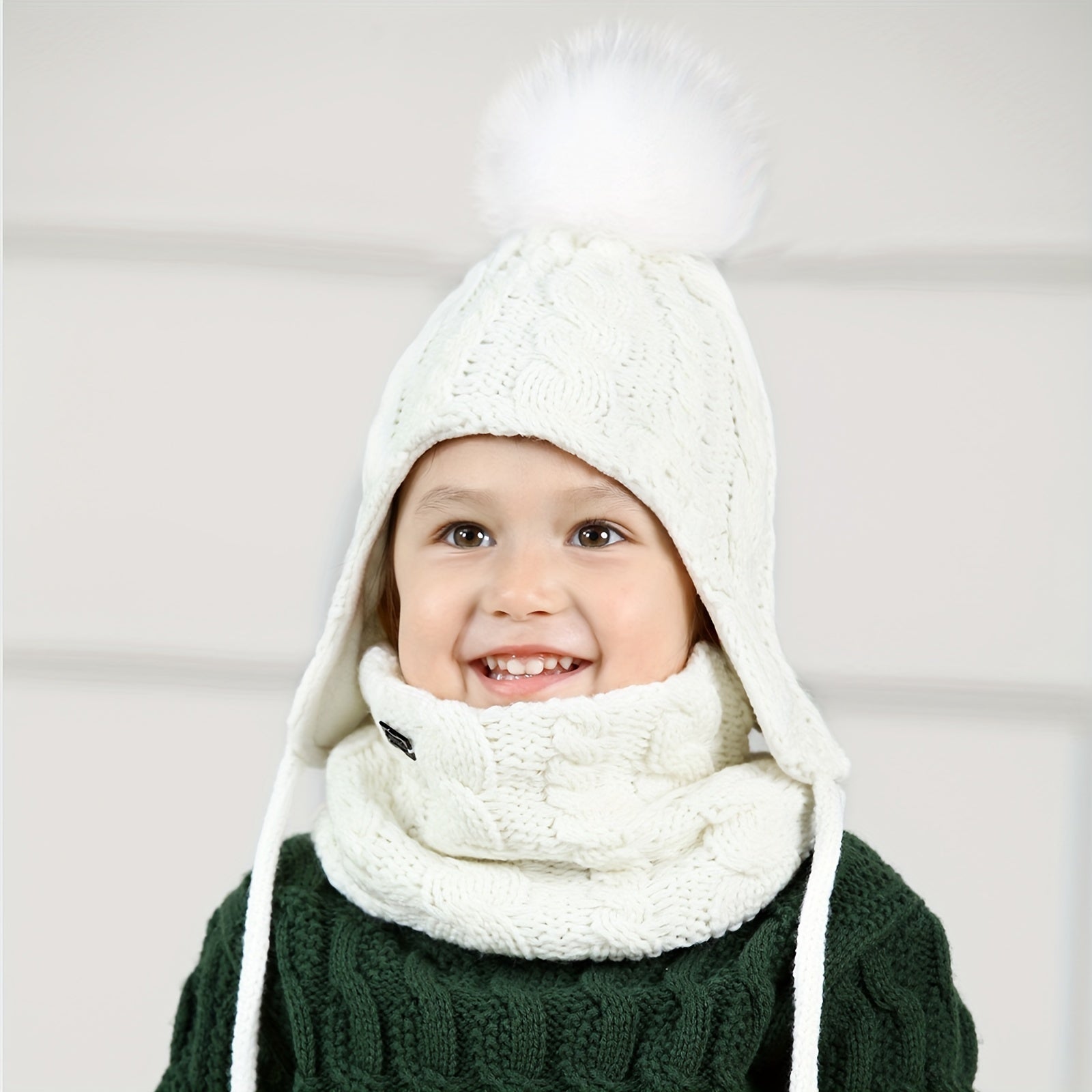 Kids Knitted Thermal Beanie Hat & Scarf Set - Winter Yarn Pom Pom Hat Scarf Set