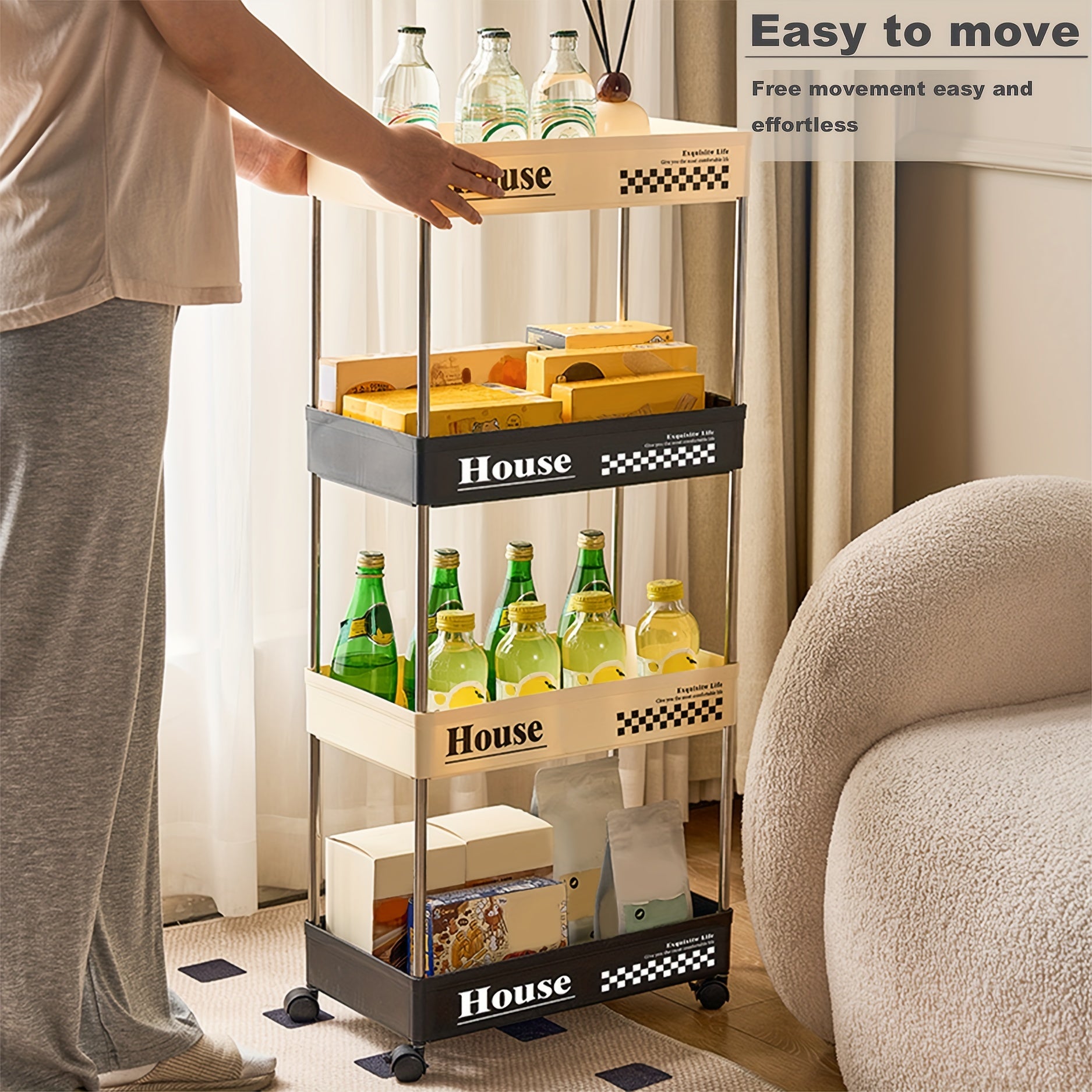 4 Shelf Storage Rack Rolling Utility Cart Movable Storage Book Shelves