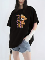Letter & Bear Print Sports Top Crew Neck T shirt Women's Clothing