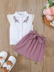 Girls Ruffled Flower Embroidery Sleeveless Top & Skirt Set