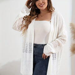 Women's Plain Pointelle Long Sleeve Open Front Knit Cardigan
