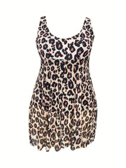 Leopard Print Layered One Piece Swimsuit Plus Size Women's High Stretch Swimsuit
