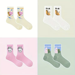 4 Pairs Cartoon Animal Print Socks Women's Stockings & Hosiery