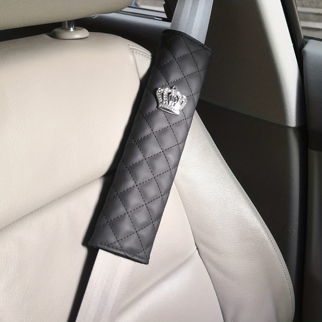 Crown Seat Belt Shoulder Protector Rhinestone PU Leather