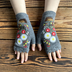Hand Knit Fingerless Embroidery Floral Winter Woolen Gloves