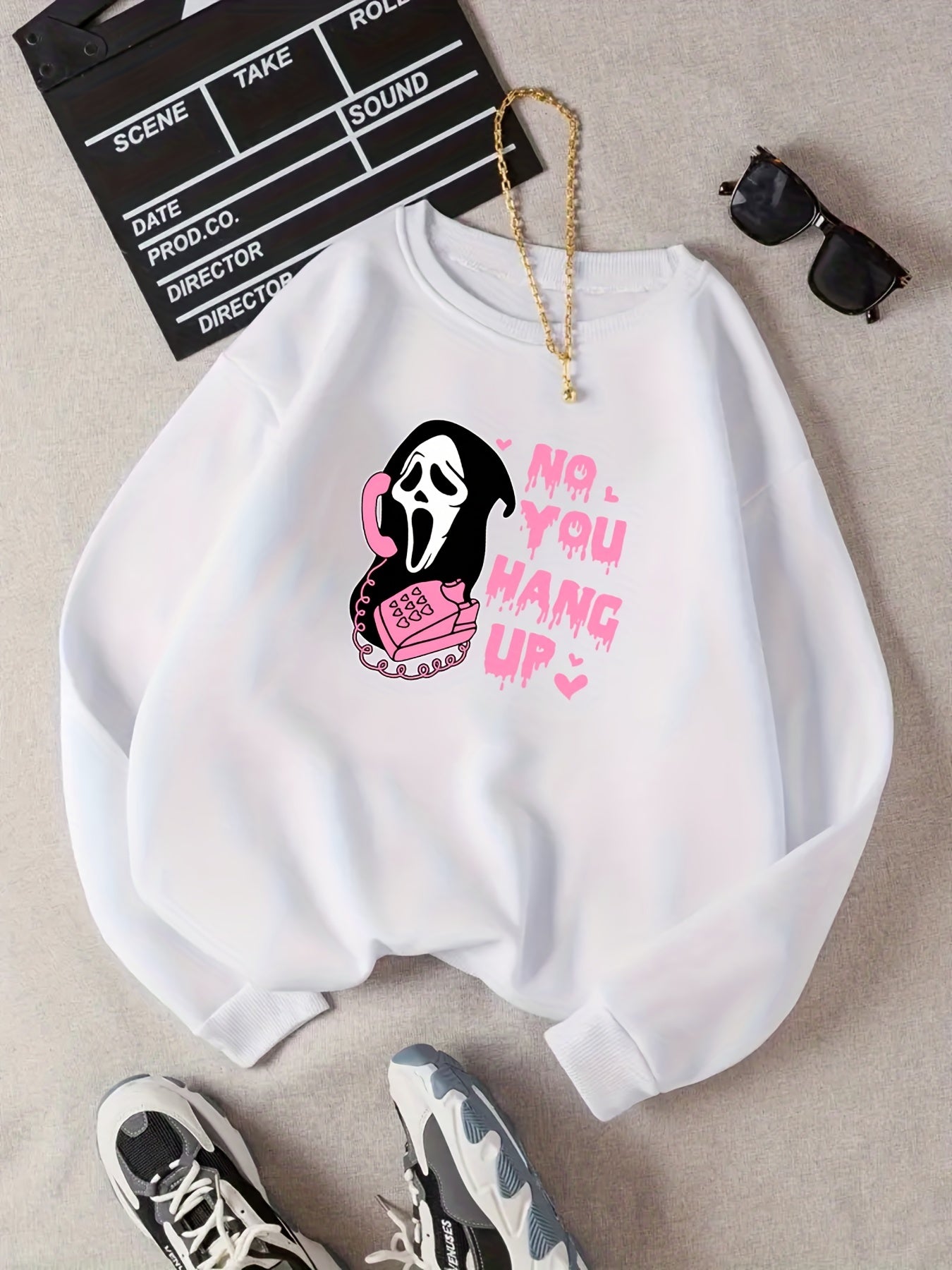 Skull & Letter Print Sweatshirt Crew Neck Casual Women's