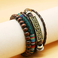 3 Pcs Pack Vintage Woven Bracelet Metal & Wooden Beads Charm Punk