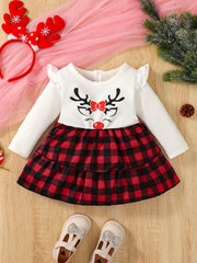 Baby Deer Print Plaid Stitching Dress