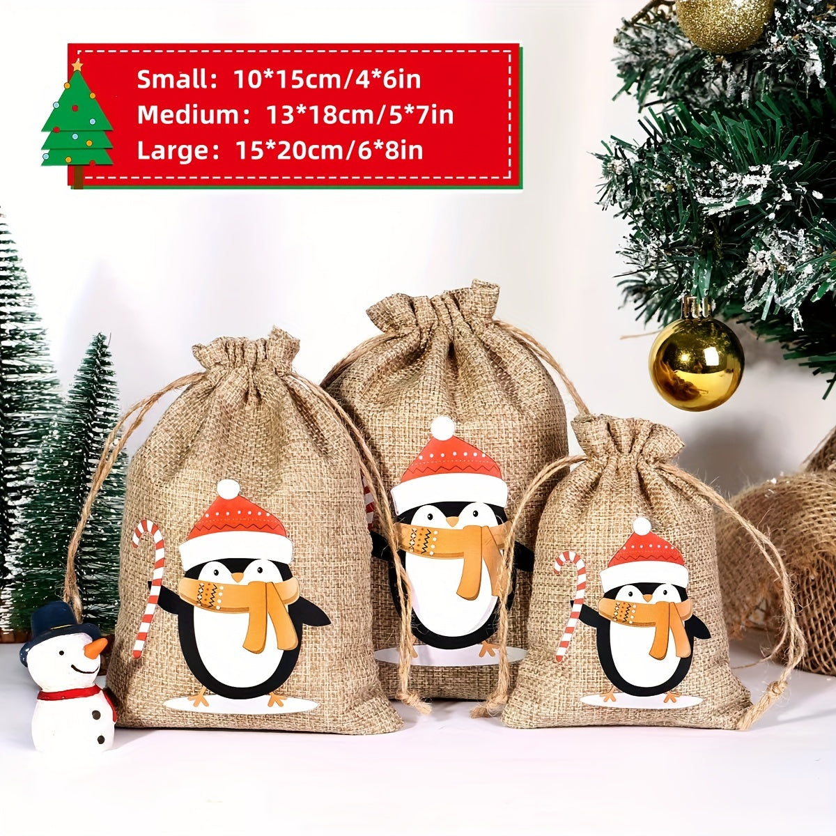 6pcs Xmas Jute Linen Drawstring Gift Bags for Favors Navidad