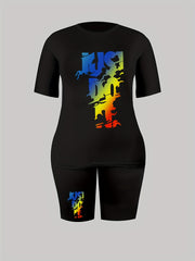 Women's Plus Ombre Letter Print Top & Shorts Set