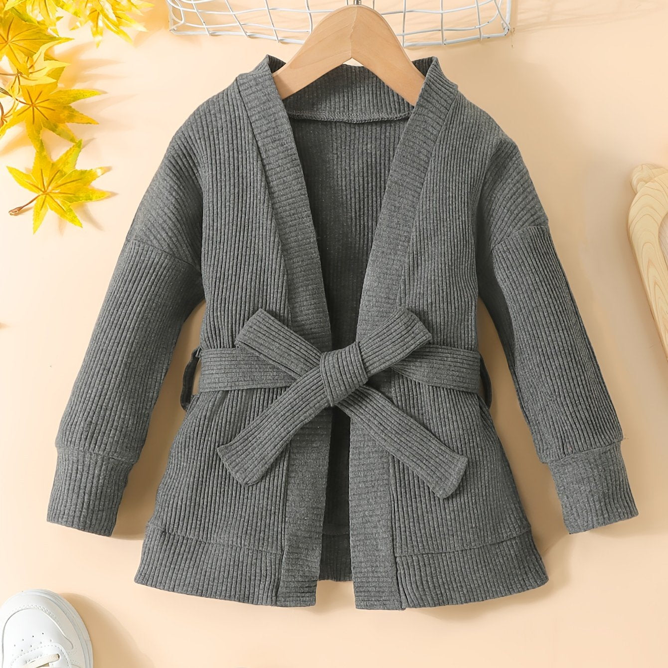 Toddler Girls Ribbed Knit Cardigan with Lace Up Waist