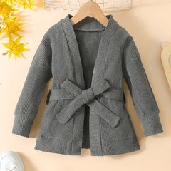 Toddler Girls Ribbed Knit Cardigan with Lace Up Waist