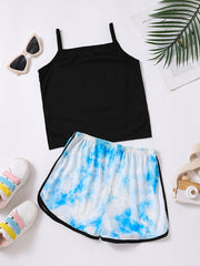 2pc Toddler Girls TROUBLE Cami Top & Tie Dye Shorts Set