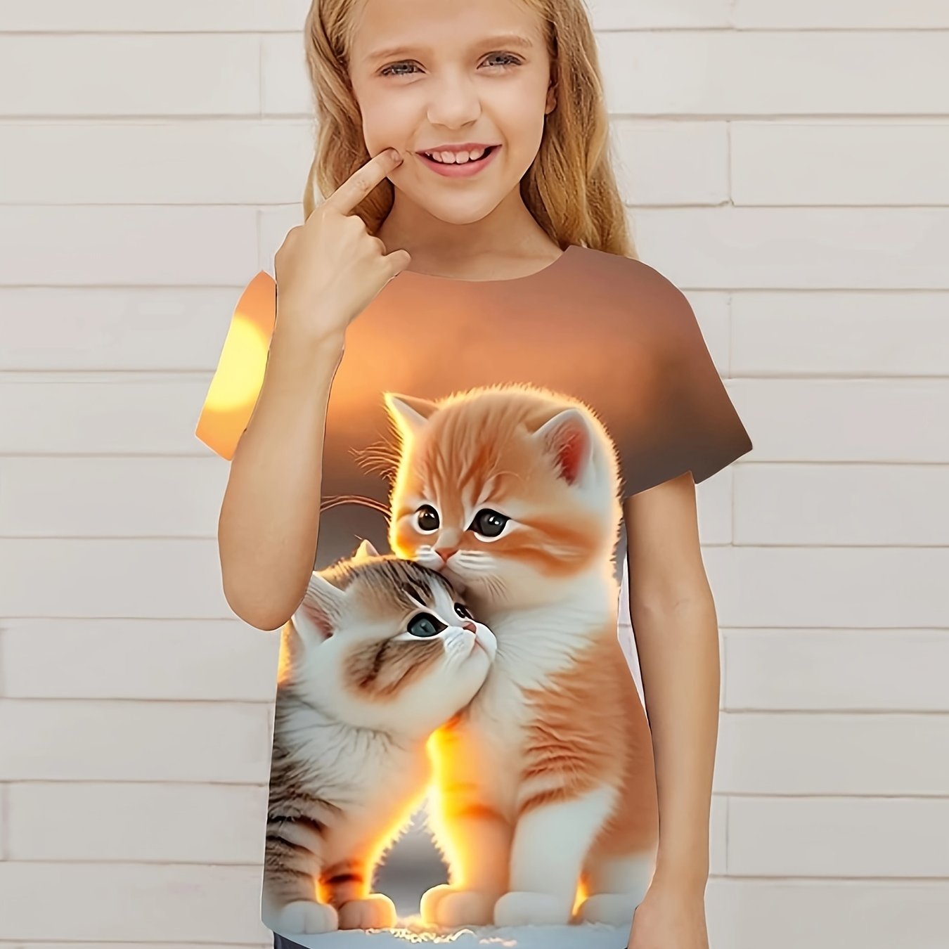Adorable Kitty Graphic Crew Neck Short Sleeve T shirt Girls Casual Pullover Tops