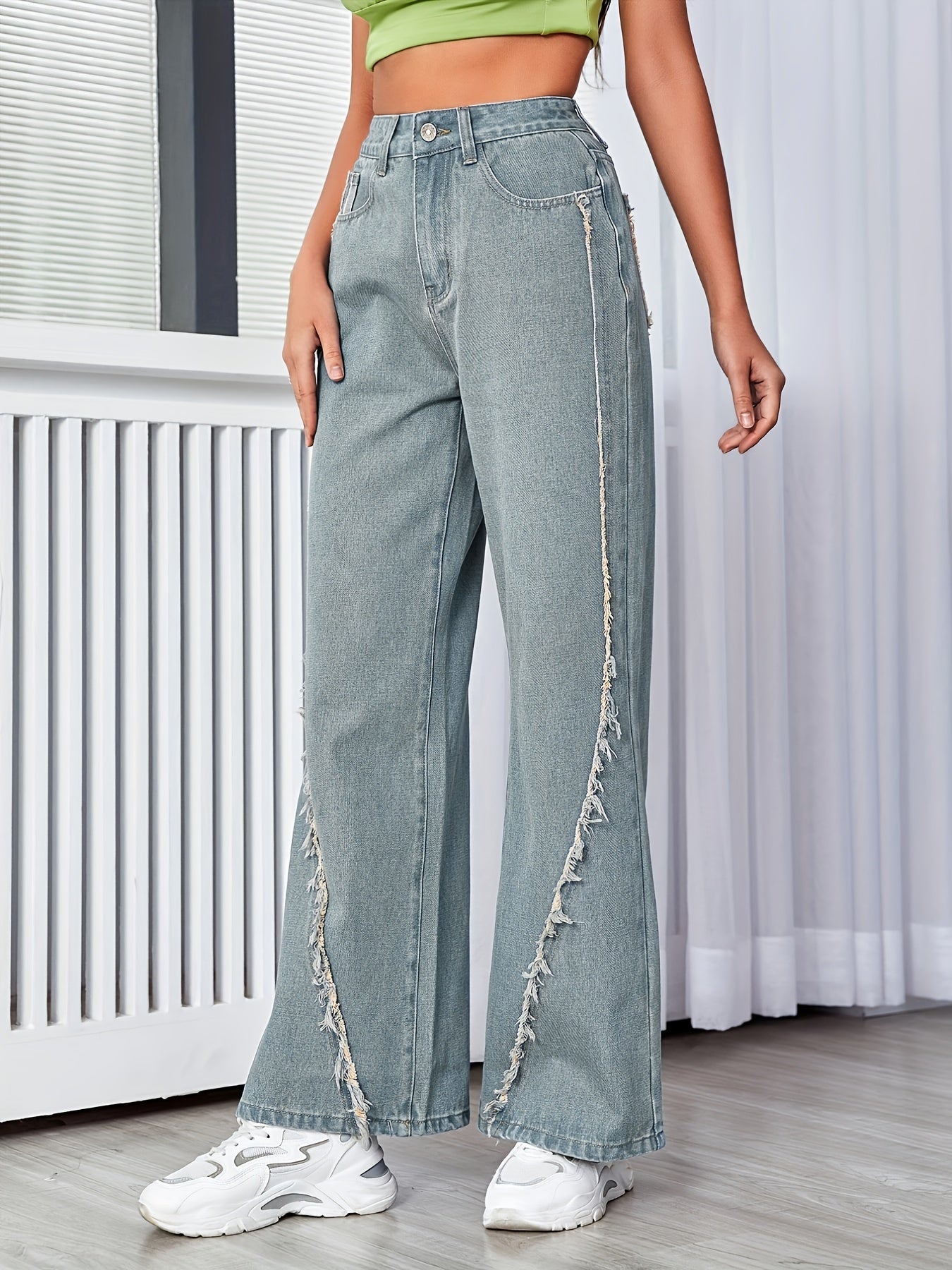 Raw Fringe Vintage Style Wide Leg Jeans High Rise Washed