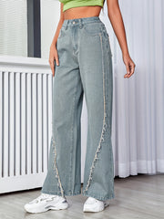 Raw Fringe Vintage Style Wide Leg Jeans High Rise Washed