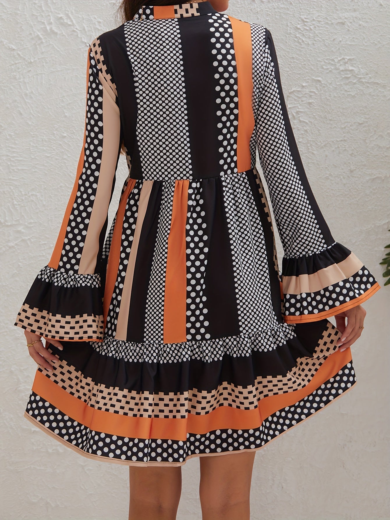 Polka Dot & Stripe Print Dress V Neck Long Sleeve Women's Clothing