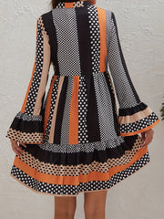 Polka Dot & Stripe Print Dress V Neck Long Sleeve Women's Clothing