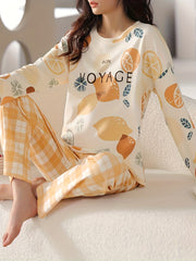 Lemon Print Pajamas Set Short Sleeve Crew Neck Top & Plaid Pants