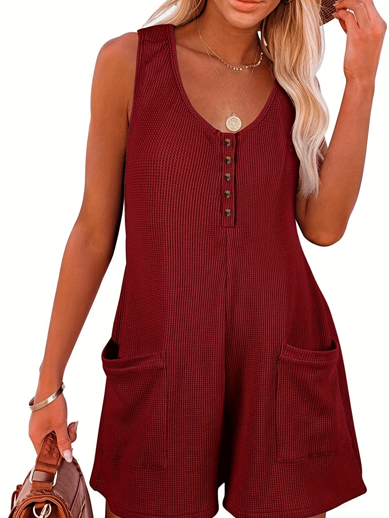 Button Front Sleeveless Romper Casual Jumpsuit Women's Clothing