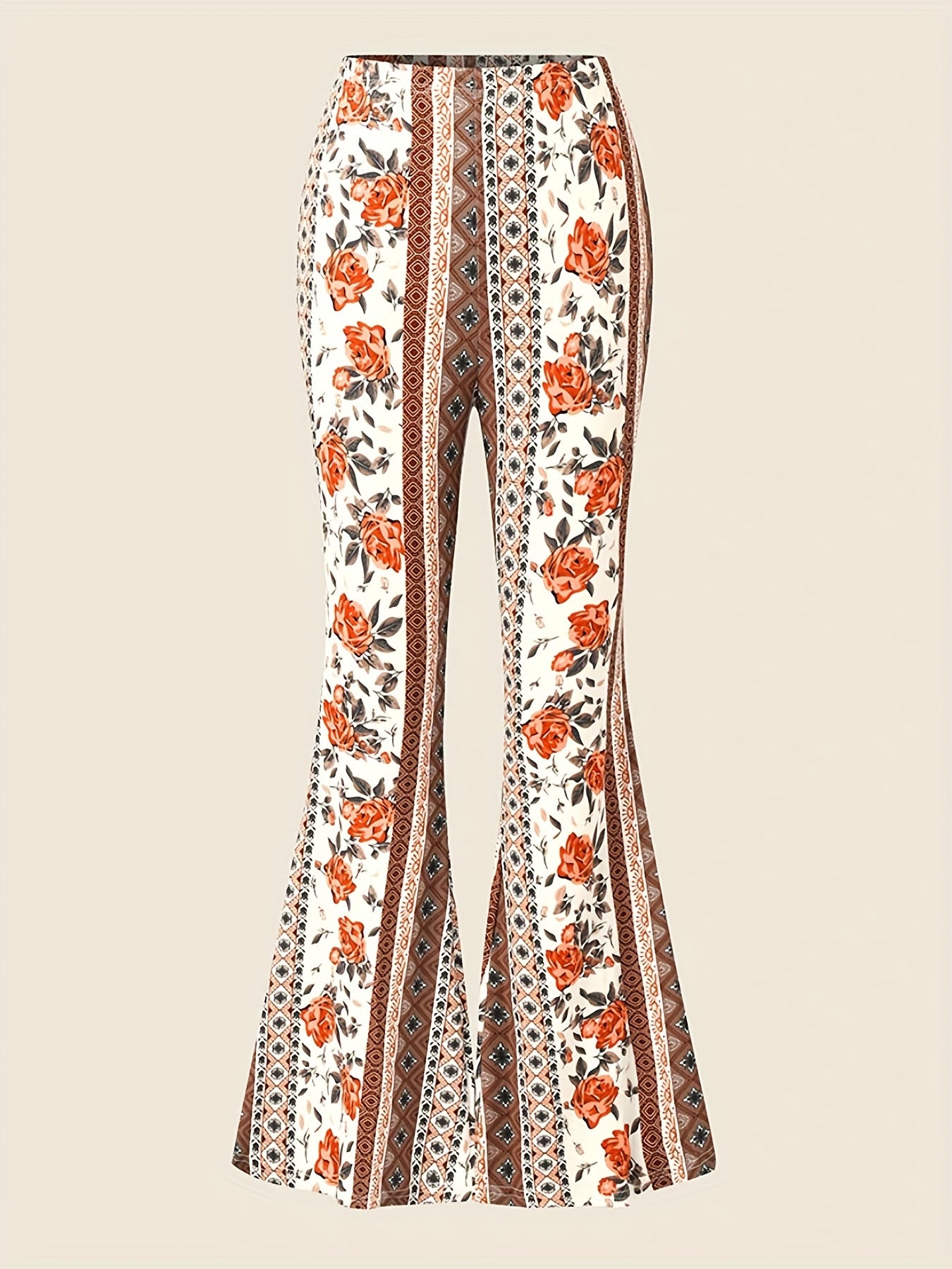 Patchwork Print High Rise Flare Leg Trousers