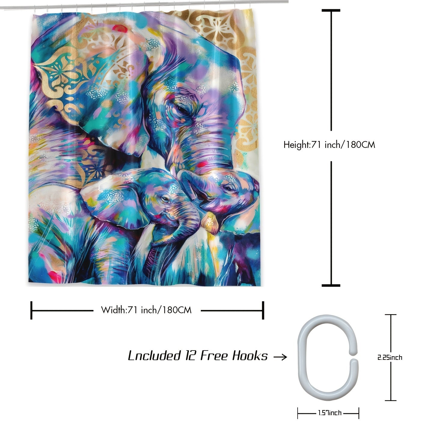 Colorful Elephant Shower Curtain Water resistant Polyester Bathroom Decor