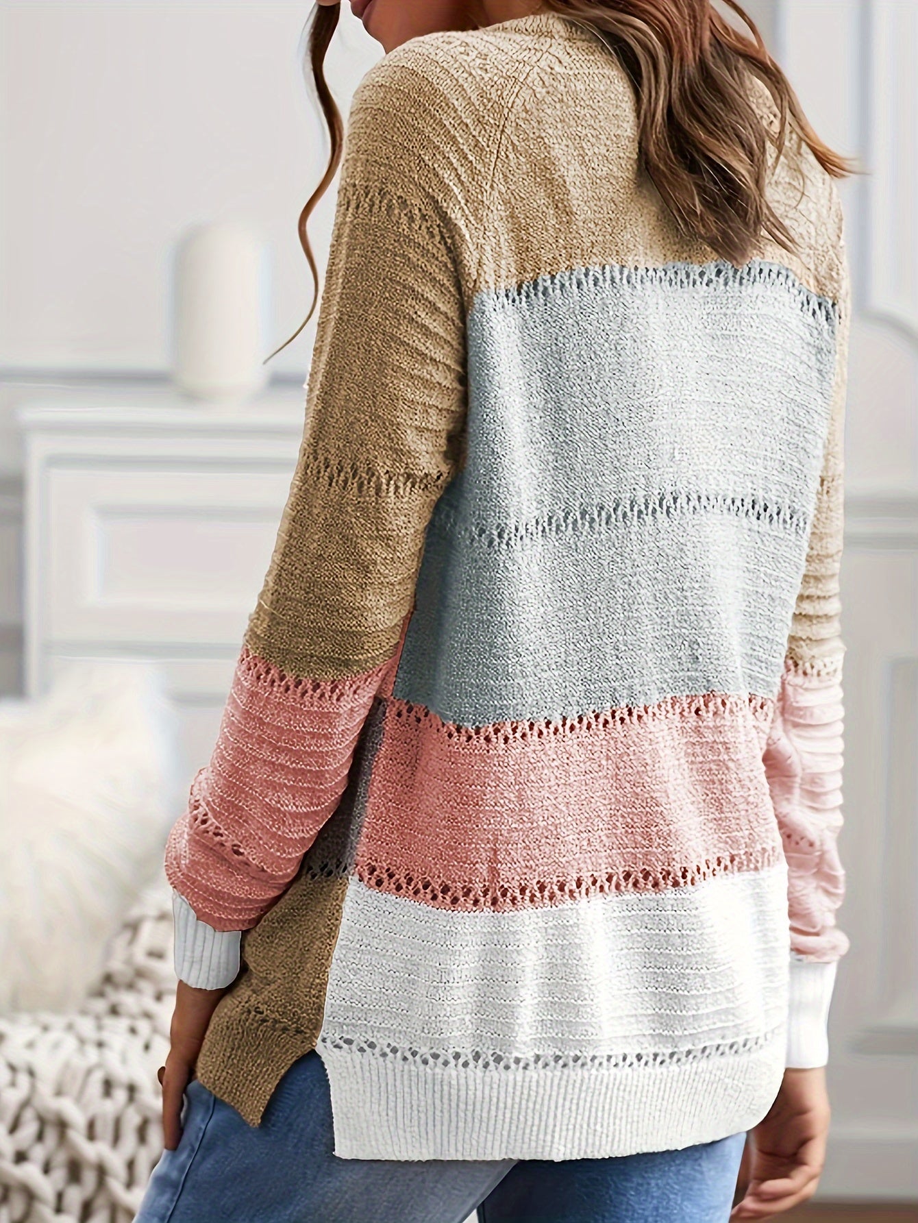 Block Crochet Knit Sweater Casual Crew Neck Long Sleeve Sweater