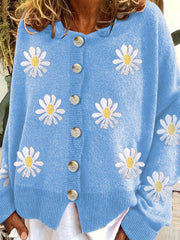 Floral Embroidery Cardigan Women's Round Neck Sweater