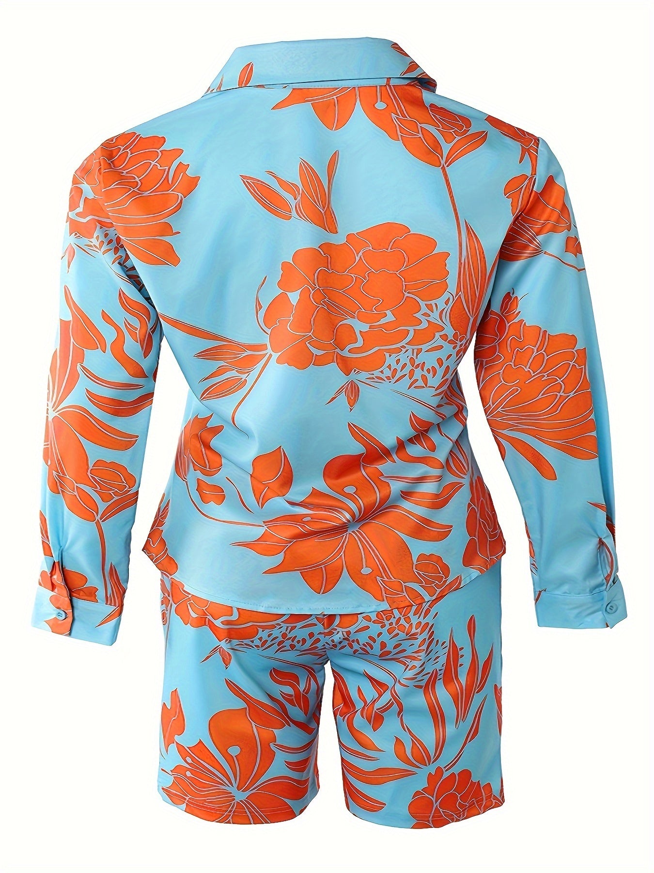 Women's Plus Floral Print Long Sleeve Blouse & Shorts Outfits Set