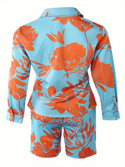 Women's Plus Floral Print Long Sleeve Blouse & Shorts Outfits Set