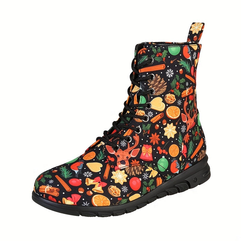 Christmas Print Lace Up Flat Winter Boots