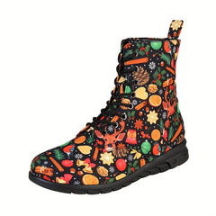 Christmas Print Lace Up Flat Winter Boots