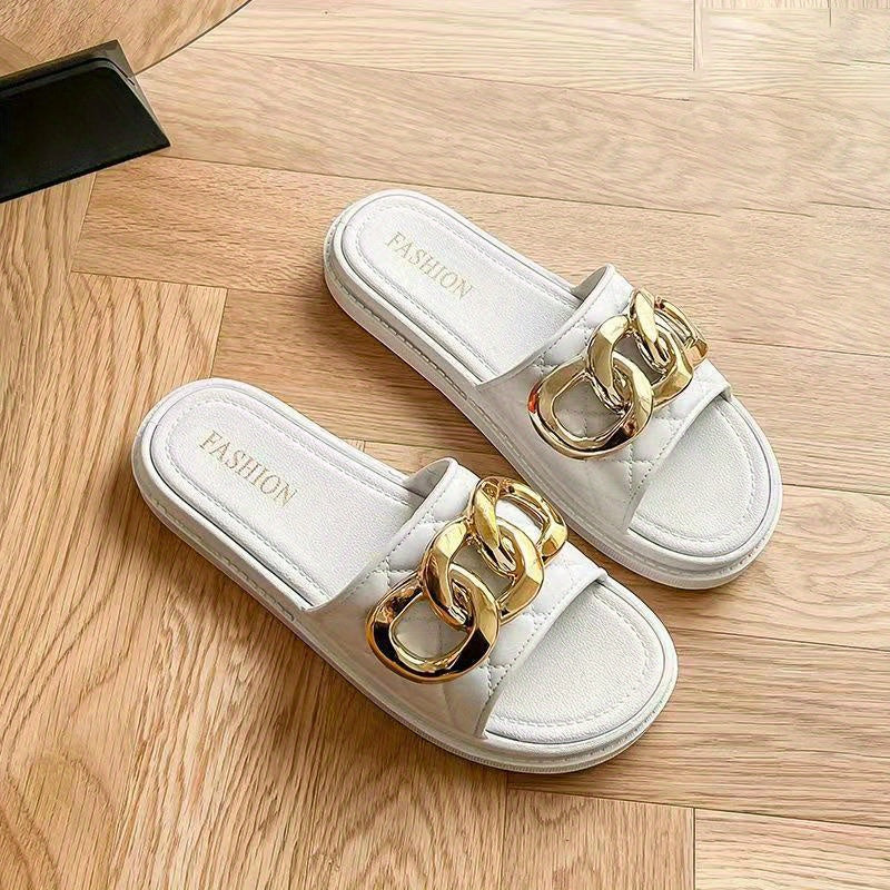 Women's Chain Decor Slide Shoes Quilted Soft Sole PVC Shoes