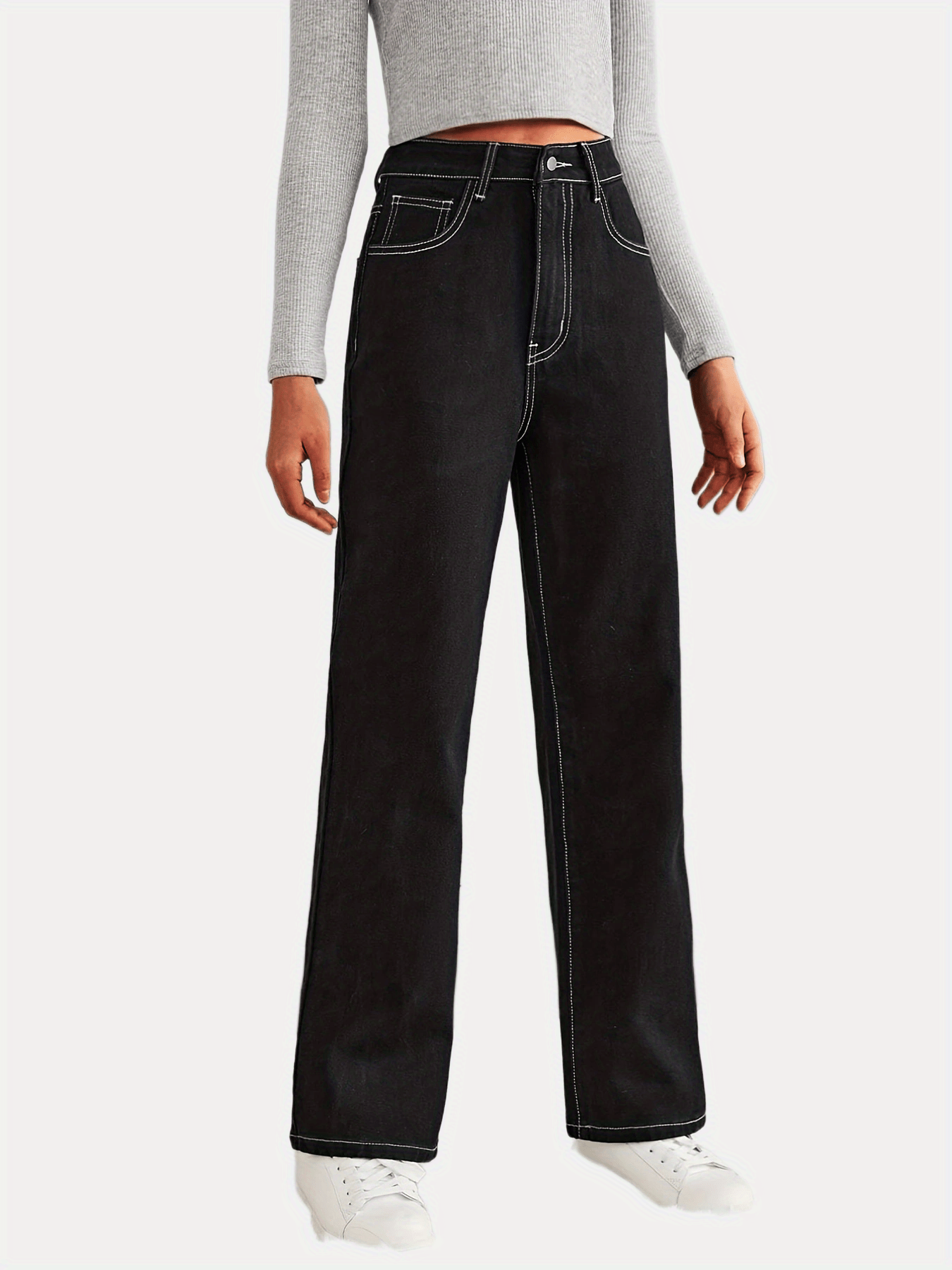 Cartoon Moon Star Graphic Stitch Jeans High Rise Solid Denim Pants
