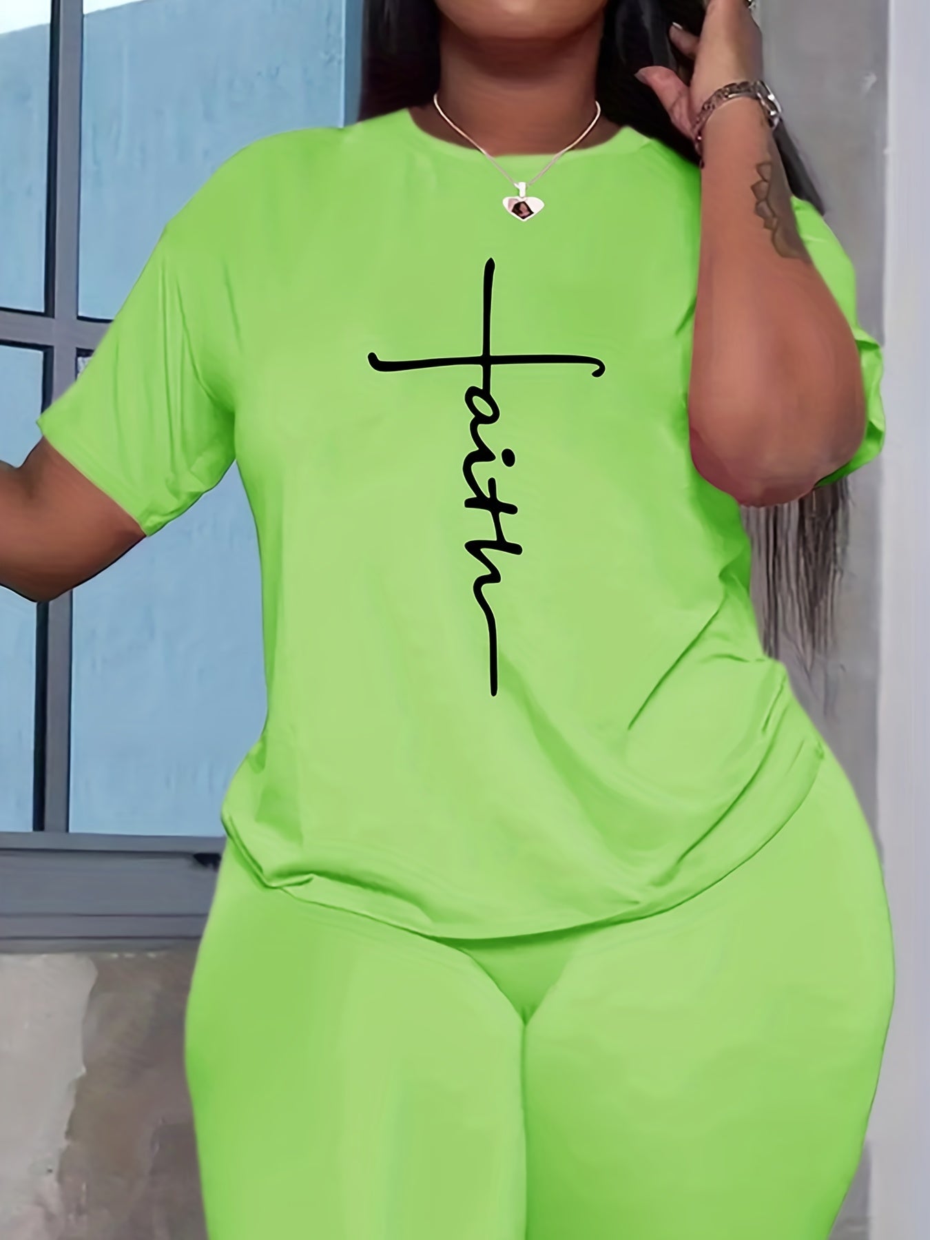 Faith Print 2pc Set Short Sleeve T Shirt & Biker Shorts Outfit Women's Clothing