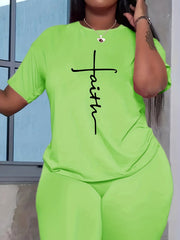 Faith Print 2pc Set Short Sleeve T Shirt & Biker Shorts Outfit Women's Clothing
